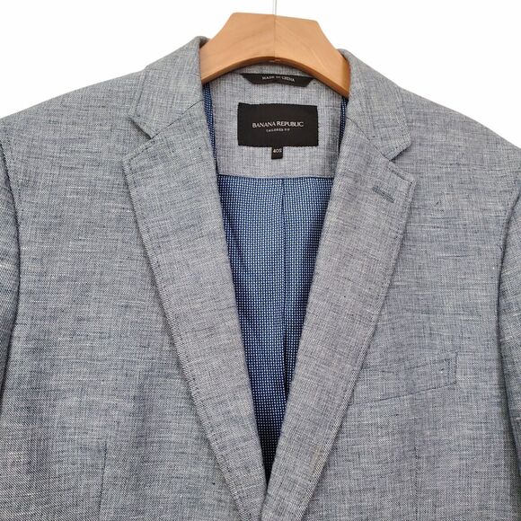 Banana Republic Sport Blazer Mens 40S Blue Linen Blend Tailored Fit Elbow Patch - Picture 3 of 12